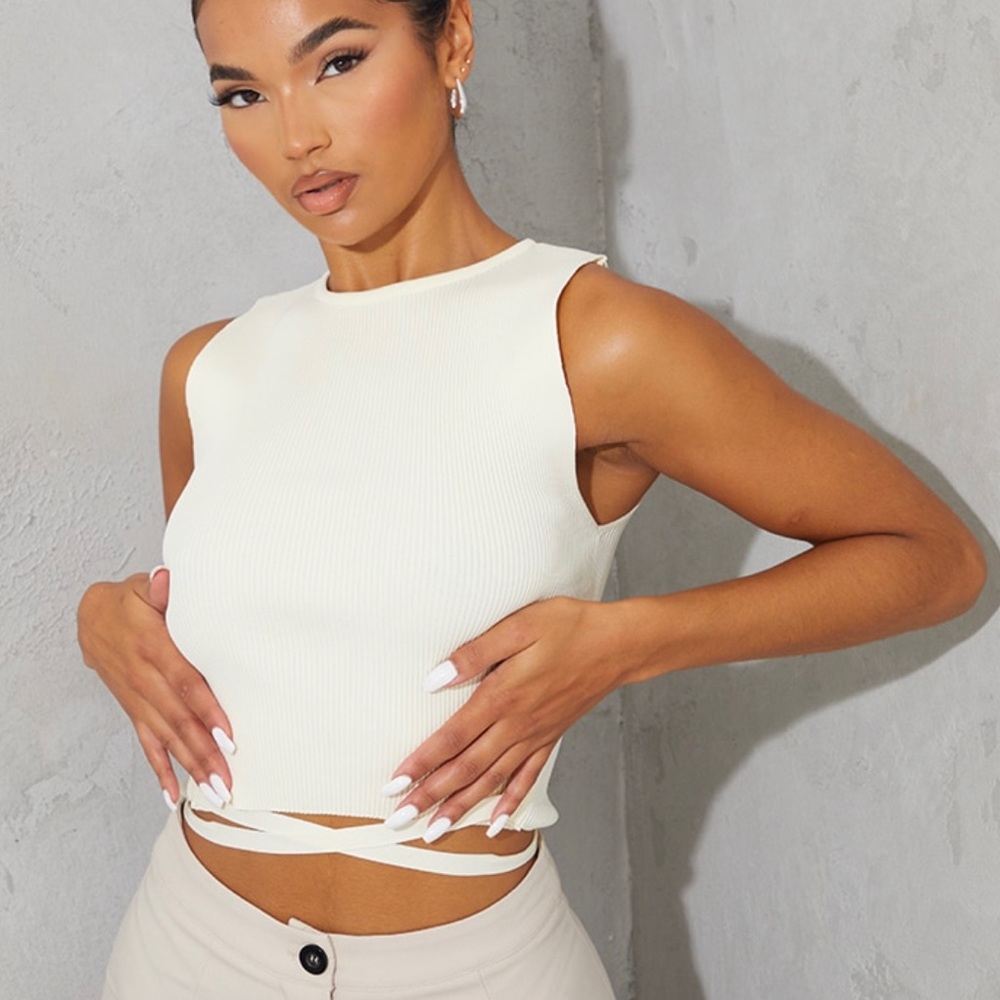 Cream Tie Waist Knitted Cropped Top